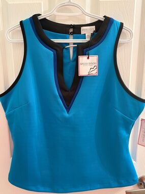 Bisou Bisou Bright Teal Sleeveless Top with Black Trim